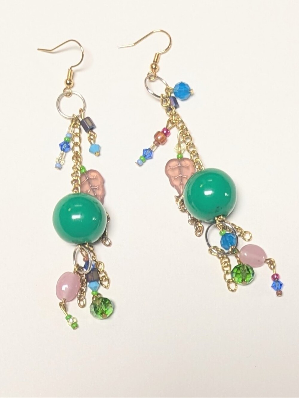 Green Bead Drop Dangle Earrings - Gold Chain Accents
